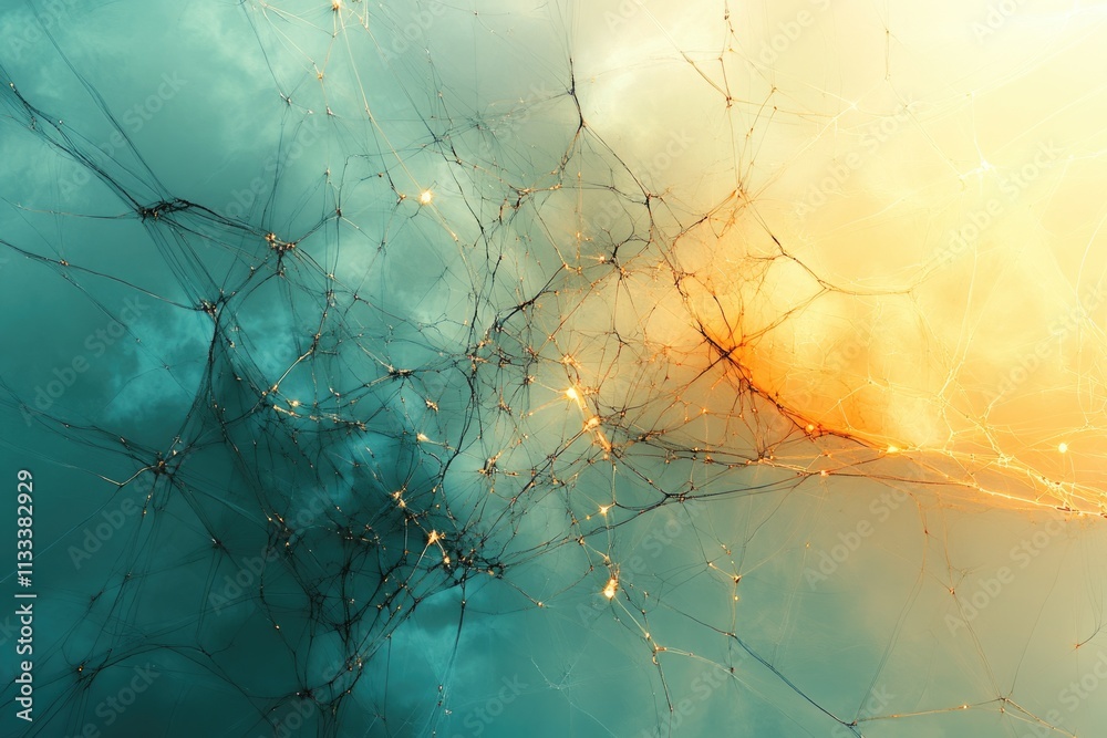Wall mural abstract artwork depicting a network of interconnected lines and nodes, glowing with light against a