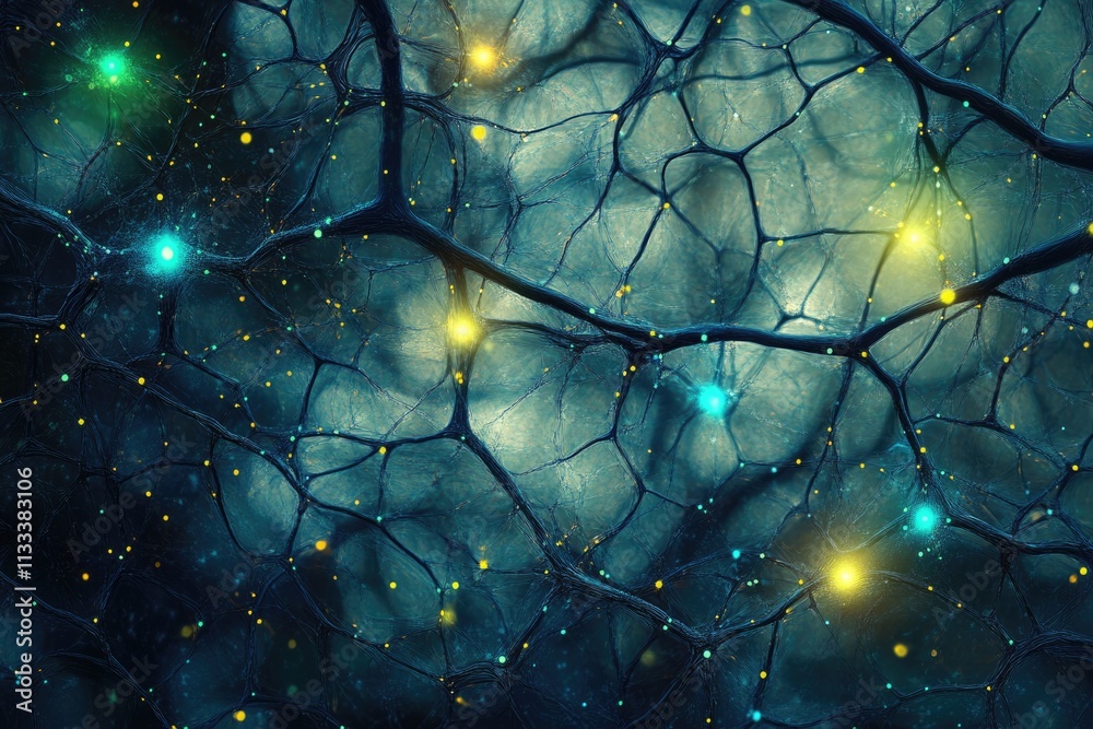 Wall mural abstract artwork depicting a neural network, glowing nodes representing synapses and connections.