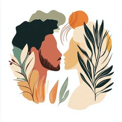 Minimalistic Style Portraits Of Man And Woman Touching With Botanical Print Symbolizing Nature In Modern Artwork. Fashionable Beauty Salon Design.