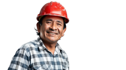 Mexican middle age male engineer with safety helmet on white background