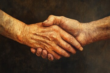 Close-up of two mature caucasian male hands shaking on textured background Illustration on the theme of Rheumatoid Disease awareness day, Arthritis World Day Awareness Health Care Concept