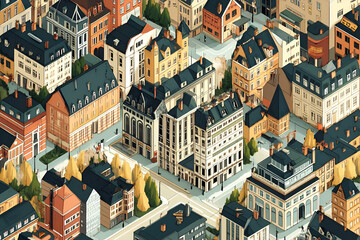 Isometric city map featuring buildings, streets, and everyday life. illustrations