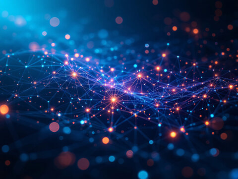 Network, Connections, Glowing, Dots, Lines, Nodes, Digital, Technology, Futuristic, Web, Internet, Data, Information, Cyberspace, Abstract, Background, Neon, Bright, Dark, Contrast, Modern, Innovative
