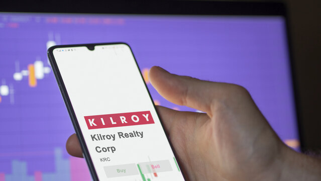 March 26th 2024, logo of Kilroy Realty Corp on a white wall in a hall building, the $KRC brand indoor.