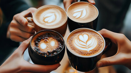 People cheering with coffee cups together in an office setting, celebrating International Coffee Day, as friends enjoy their coffee or cappuccino in a warm . 4k imageand