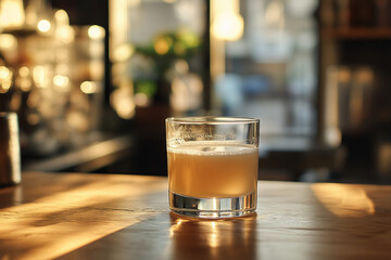Craft cocktail served in a cozy bar glowing with warm evening light