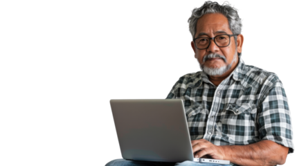Mexican middle age male Employee IT specialist sit at work with laptop on white background