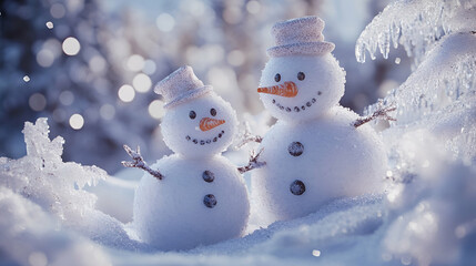 Fototapeta premium Smiling snowmen standing together in a winter wonderland, surrounded by snow-covered trees, sparkling icicles, and soft snowflakes drifting through the air. 4k image