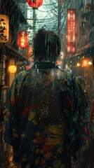 Obraz premium A figure in a colorful kimono walks through a rainy, lantern-lit street, evoking a serene atmosphere.