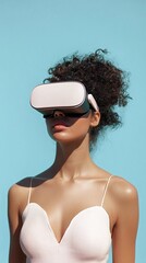 Fototapeta premium Woman experiences virtual reality against a bright blue sky outdoors