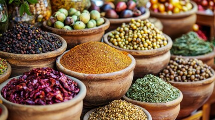 Fototapeta premium Vibrant spices and herbs in rustic wooden bowls at a market