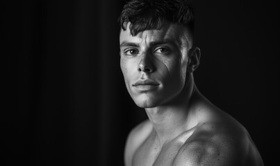 Fototapeta premium A black-and-white portrait of a muscular man gazing intently, showcasing strong facial features and an athletic physique.