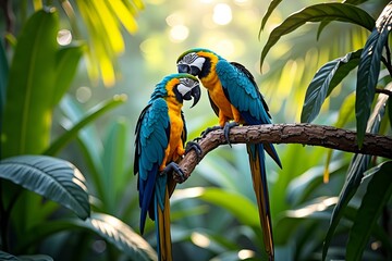 Obraz premium Two blue and gold macaws playfully interacting on a low-hanging palm branch in a dense tropical forest with dappled sunlight filtering through lush foliage