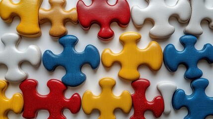 Obraz premium Colorful Puzzle Pieces Arranged in a Playful Pattern on a White Background, Symbolizing Problem Solving and Creativity in Learning Environments and Activities