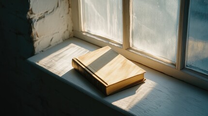 Sunlit book on a window sill in a cozy room