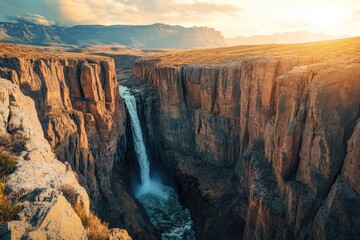 Majestic waterfall cascading down rugged canyon walls, bathed in golden sunset light.