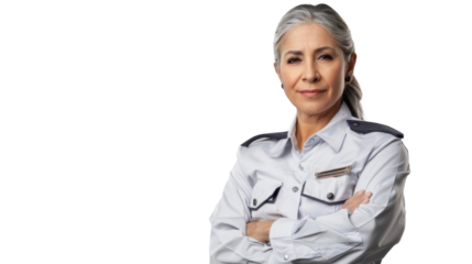 Mexican middle age female security guard uniform, confident and arms crossed on white background