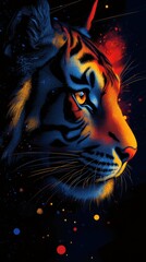 Obraz premium A vibrant digital illustration of a tiger's face against a cosmic background.