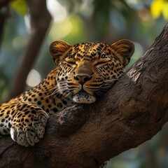 Obraz premium A leopard resting on a tree branch, showcasing its beautiful coat and serene expression.
