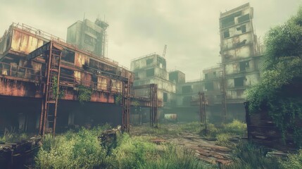 Obraz premium Post-apocalyptic cityscape overgrown with vegetation, showing decaying buildings and a foggy atmosphere.