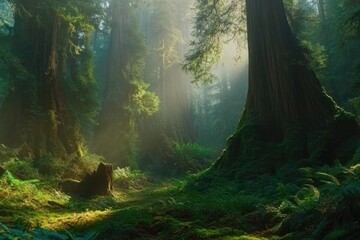 Sunbeams pierce a misty redwood forest, illuminating moss-covered ancient trees and lush ferns.