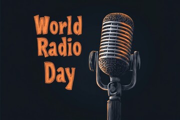 Vintage microphone celebrating world radio day on dark background