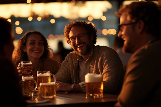 Friends enjoy beers and laughter at a lively gathering during sunset by the waterfront
