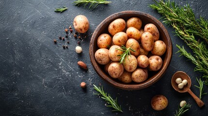 Obraz premium Top view of fresh potatoes in a wooden bowl with herbs on dark surface