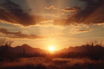 Fototapeta premium Beautiful sunset over a desert landscape with mountains in the background and dramatic clouds illuminating the sky