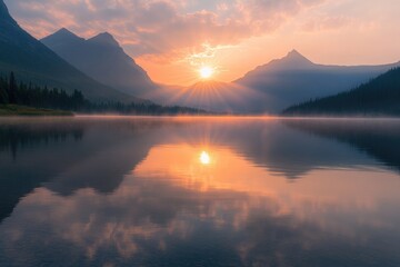 Obraz premium Serene sunrise over a tranquil lake nestled between majestic mountains, reflecting the vibrant sky.