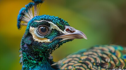 Obraz premium Vibrant Close-up of a Peacock's Head and Neck, showcasing intricate plumage details.