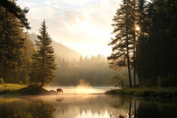 Obraz premium Serene morning mist over a tranquil lake with a deer grazing at the water's edge in a forested landscape