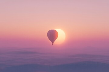 A hot air balloon soars gracefully over a serene, misty landscape at sunset, creating a tranquil and ethereal scene.