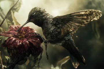 A dark, decaying hummingbird feeding on a withered flower, evoking themes of mortality and nature's cycle.