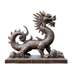 Fototapeta premium Antique dragon statue with intricate details shown against a transparent background, Antique Dragon Statue Isolated on transparent background