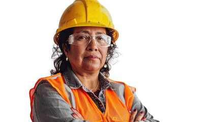 Mexican middle age female engineer with safety helmet on white background