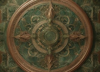 Fototapeta premium Intricate mandala-inspired design with interconnected shapes and lines in shades of green and brown, spiritual art, artistic designs, earthy tones