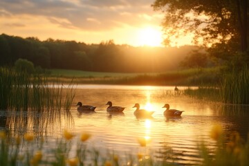 Ducks swimming peacefully in a serene lake during sunset with golden skies and lush greenery