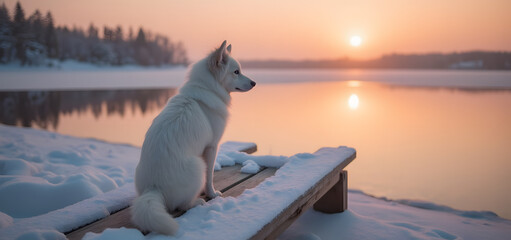 White Dog Sitting on Snowy Bench at Sunset by Lake