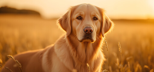 Golden Retriever Dog in Golden Wheat Field at Sunset