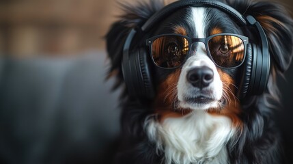A dog wearing sunglasses and headphones, exuding a cool and relaxed vibe.