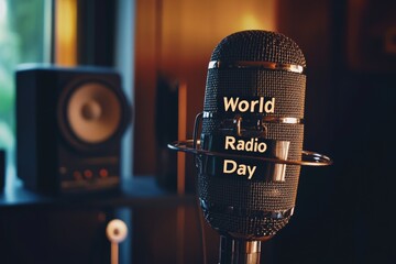 Vintage microphone celebrating world radio day in a warm studio setting