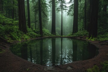Obraz premium Serene pond mirroring redwood forest in misty atmosphere, creating a magical scene.
