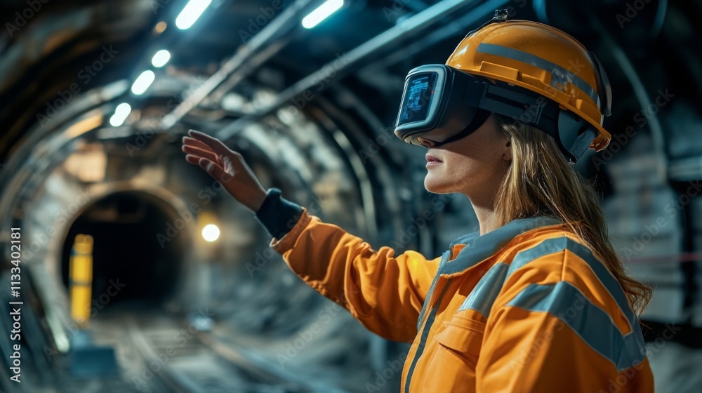 Poster A woman in an orange mining suit and helmet uses virtual reality technology to navigate an underground gemstone mining tunnel. This setup highlights advancements in mining safety and training.