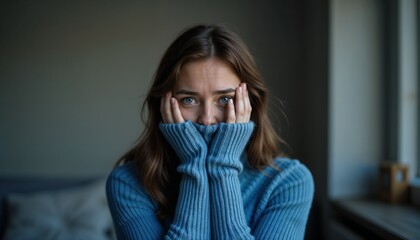 A young woman wearing a blue sweater covering her face, reflecting emotions of winter blues