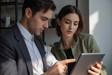 Man and Women Cheerful business attending a meeting with tab and his team