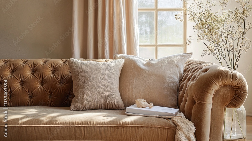 Poster A sumptuous velvet sofa in mocha mousse color is complemented by plush textured cushions, basking in warm sunlight filtering through large windows, enhancing the serene interior Mocha Mousse
