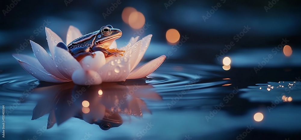 Poster a frog perched on a water lily surrounded by soft lights in a tranquil setting.