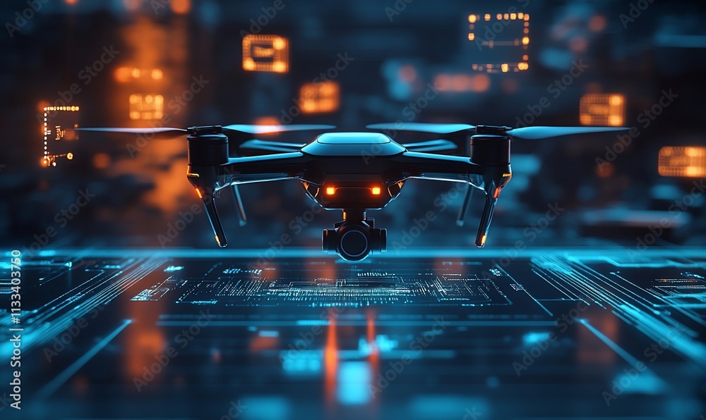 Aufkleber a futuristic drone hovering over a digital interface with glowing elements.
