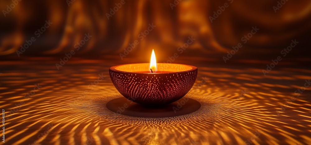 Poster a glowing candle in a decorative bowl, casting warm light and patterns.